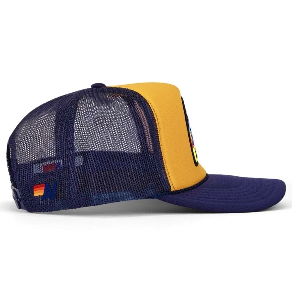 NWT Aviator Nation Aspen Palm Tree Festival Trucker Hat Gold / Navy Blue, Unisex